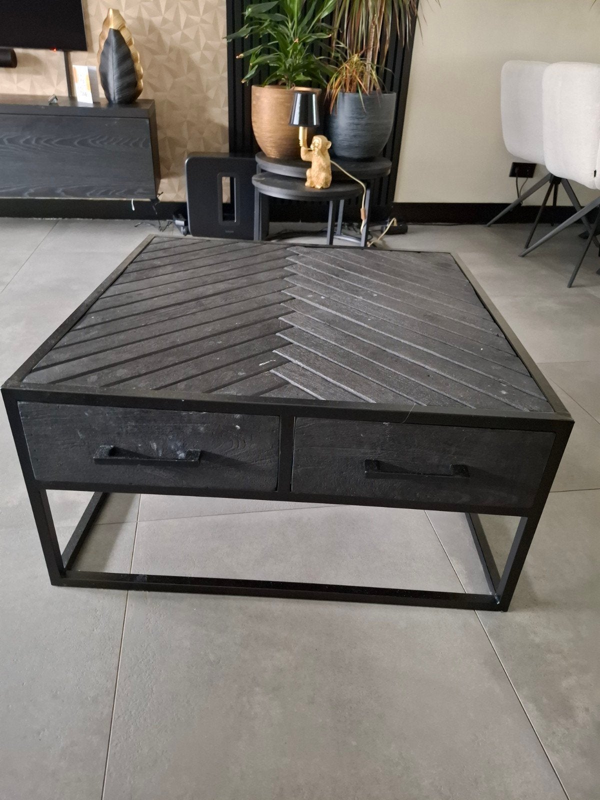 Salontafel mangohout met 4 lades - 80x80x40 cm, Ophalen, 50 tot 100 cm, Vierkant, 50 tot 100 cm