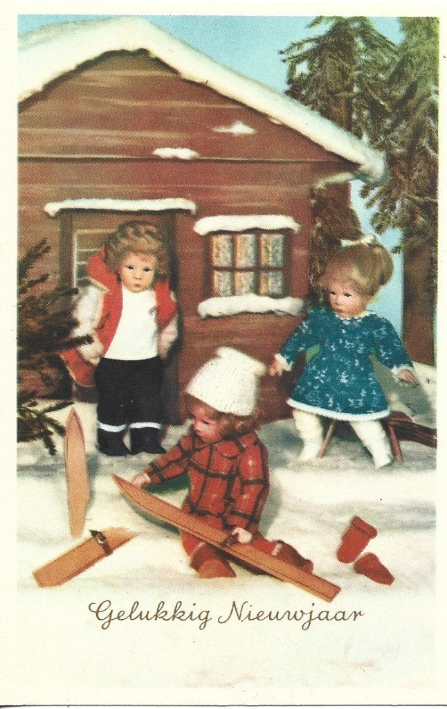Gelukkig Nieuwjaar*Kathe Kruse pop pen * Skihut*Vintage, Ophalen of Verzenden, 1940 tot 1960, Ongelopen, Feest(dag)