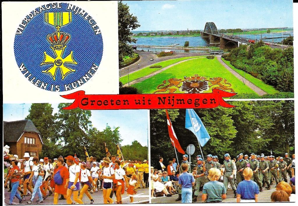Ansichtkaart	Nijmegen	Vierdaagse	4-luik, Verzamelen, Verzenden, 1980 tot heden, Gelopen, Gelderland