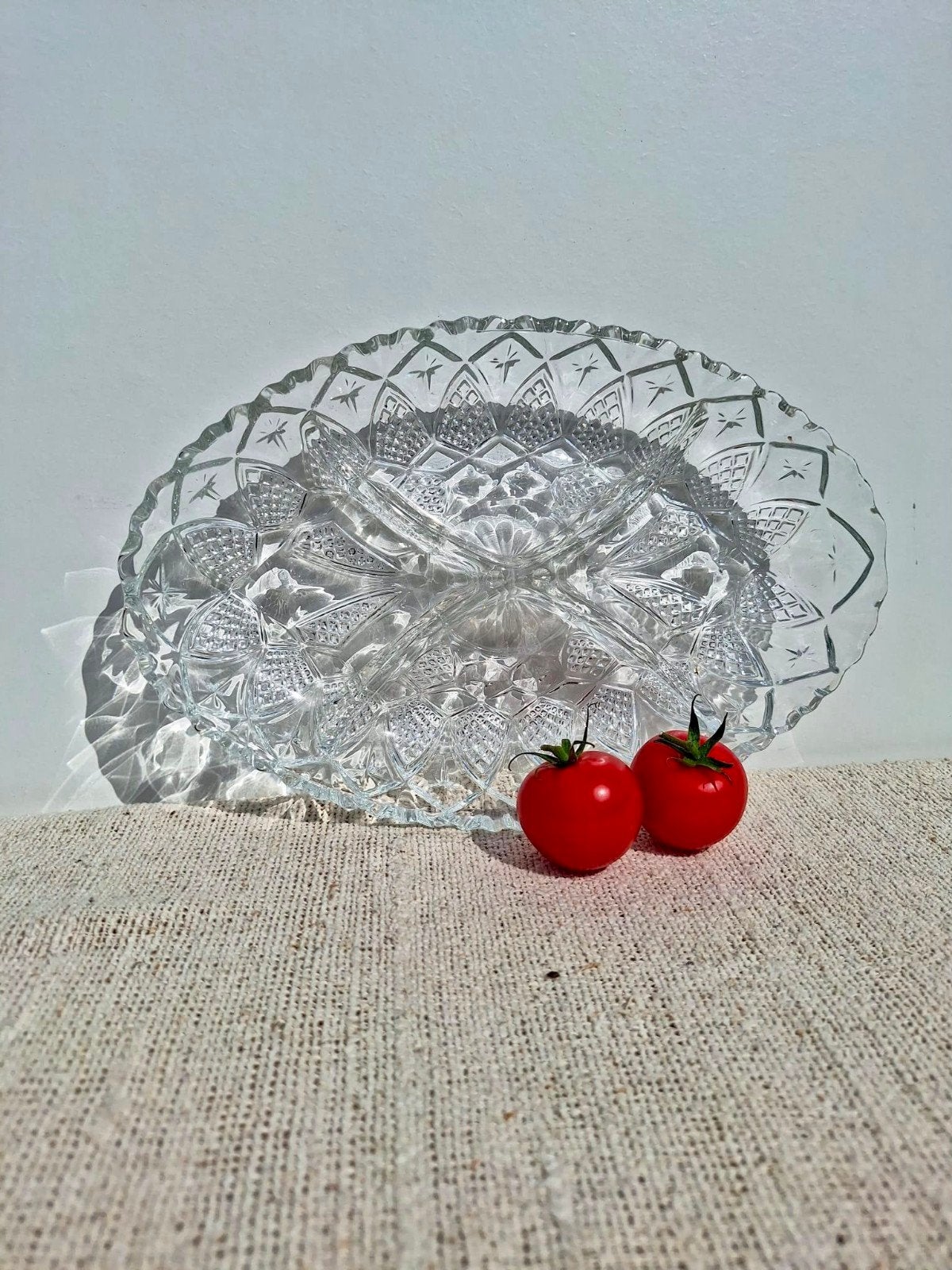vintage glazen 4 vaks schaal geslepen glas, Ophalen of Verzenden