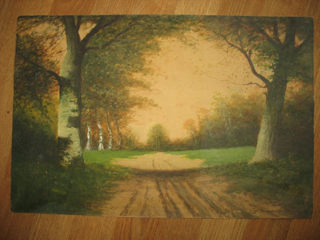 Aquarel Realistisch Klassiek Bomen +Zandweg Herfst tinten, Antiek en Kunst, Kunst | Overige Kunst, Ophalen of Verzenden