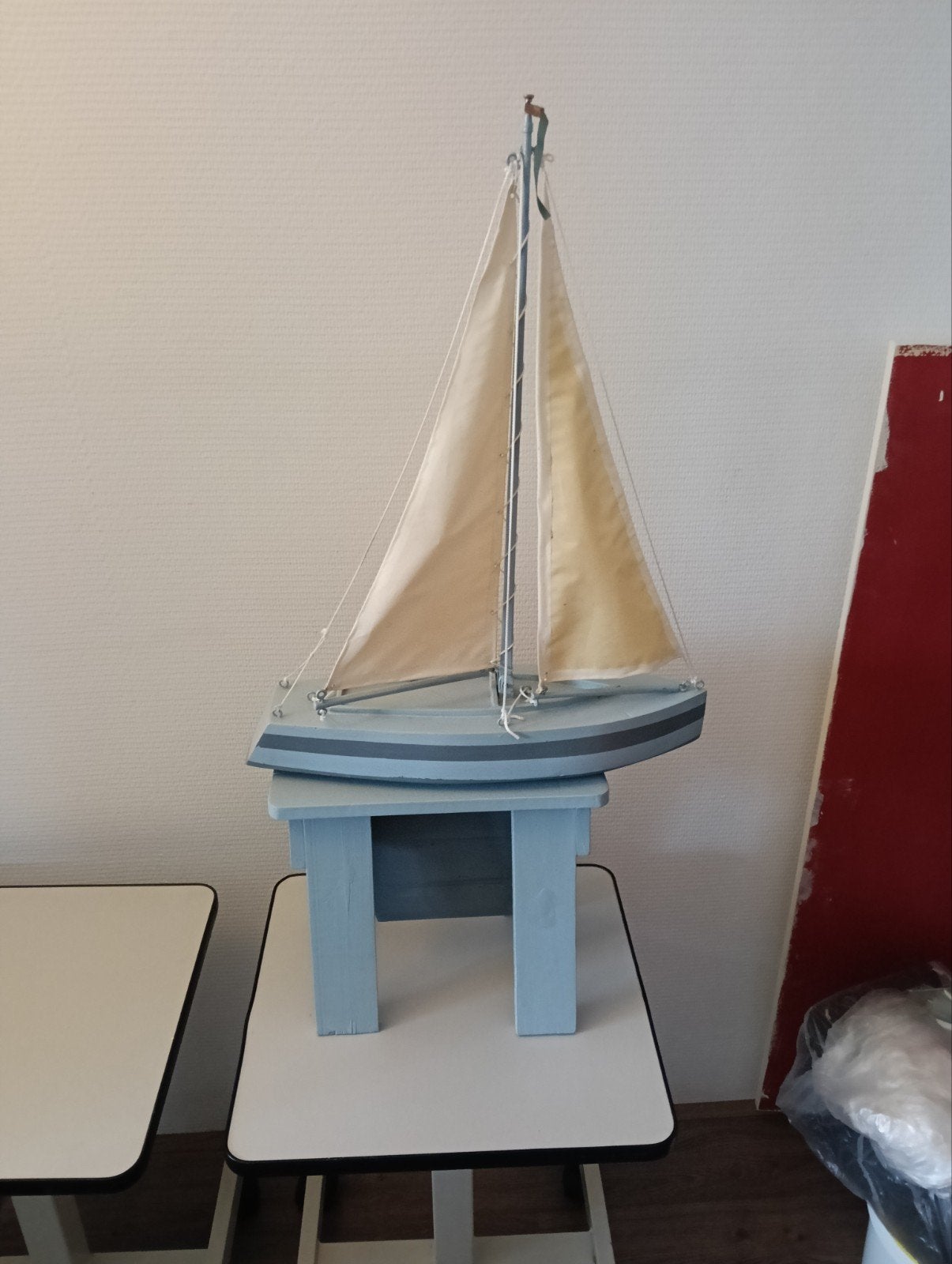 Vintage Decoratieve houten zeilboot - Blauw/Grijs, Ophalen of Verzenden