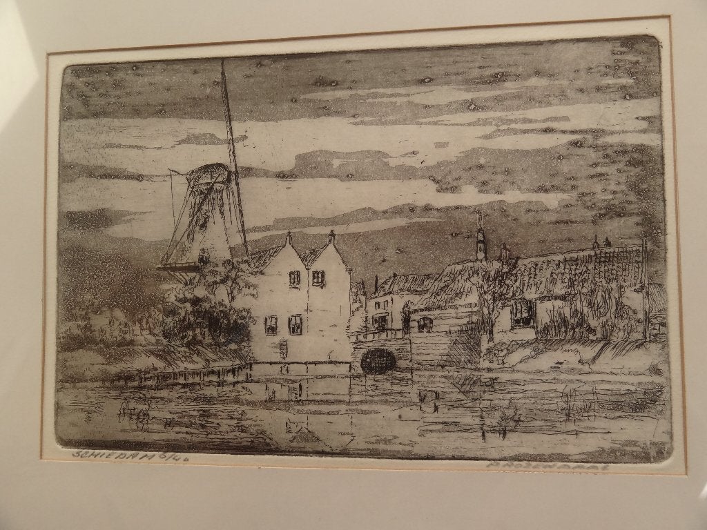 Ets in lijst Schiedam met molen, Piet Rozendaal, nr.6-40, Gesigneerd, Stadsgezicht, Ophalen of Verzenden, 1950 - 1999