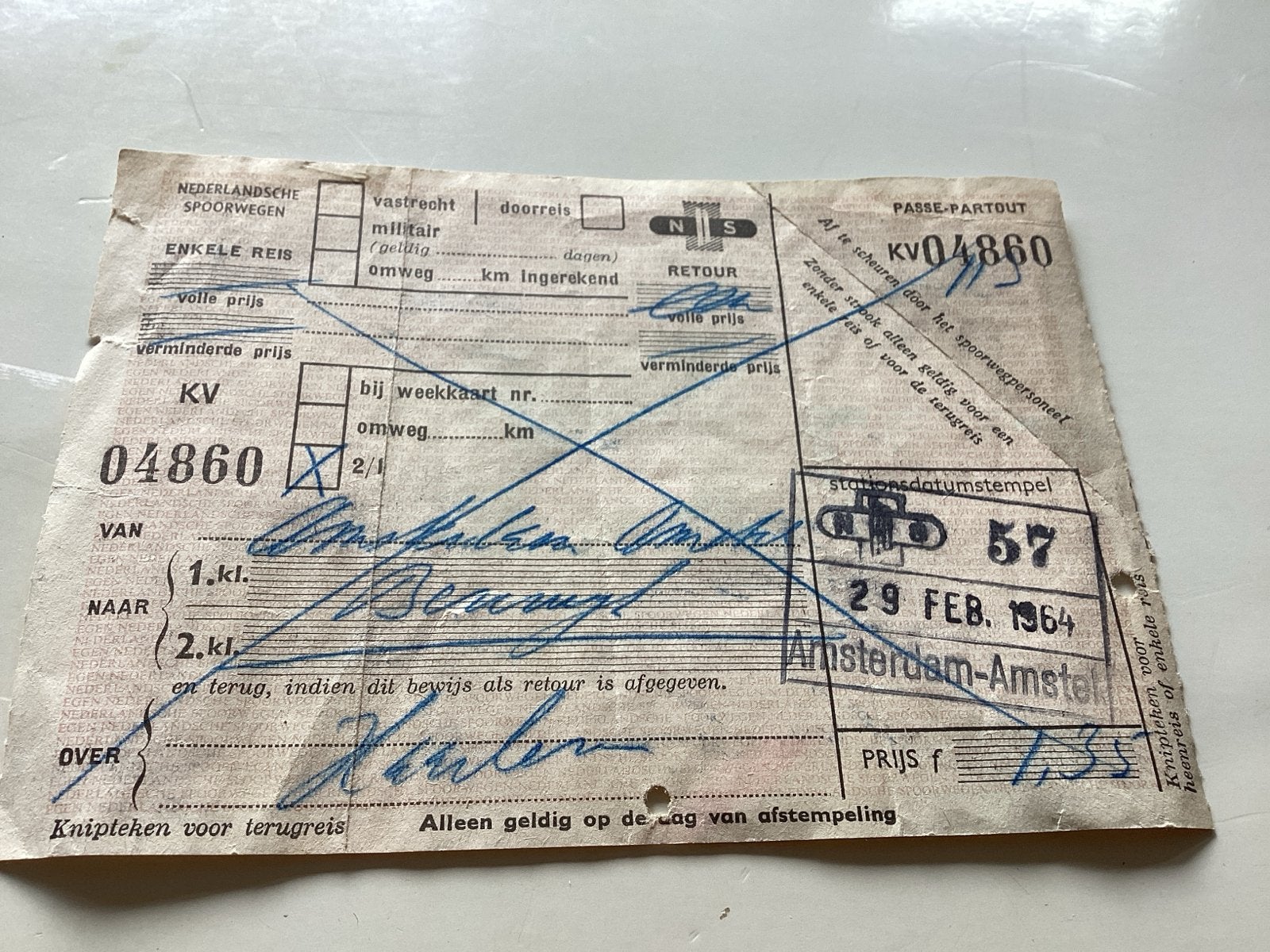 NS Treinkaartje Amsterdam-Amstel 1964, Ophalen of Verzenden, Gebruikt, Trein, Overige typen