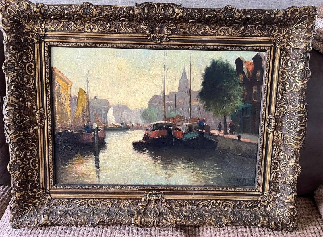 Antiek groot olieverf stadsgezicht schilderij, Ophalen