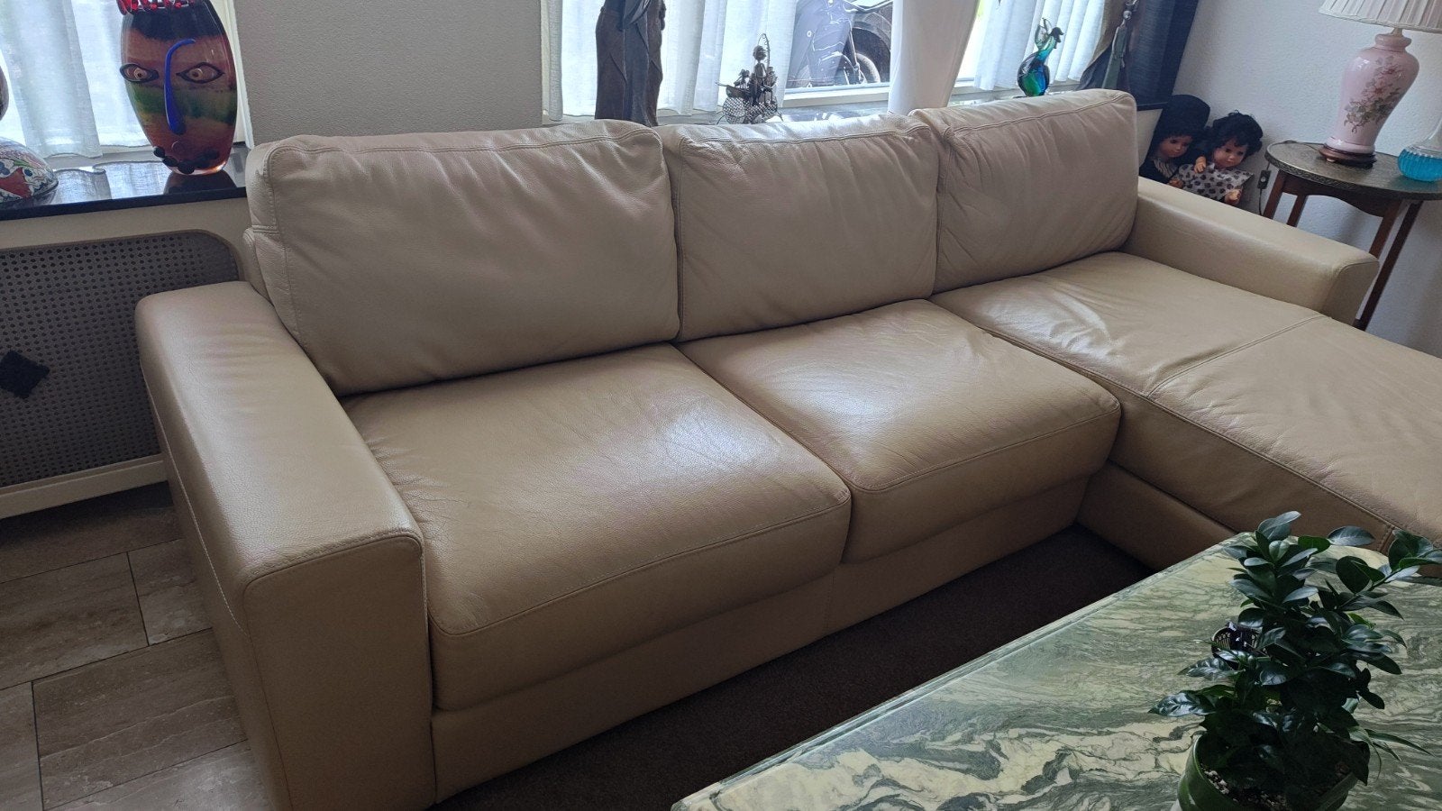 Crème vol lederen hoekbank met longchair, Ophalen, 250 tot 300 cm, Gebruikt, 125 tot 150 cm