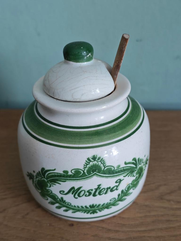 Vintage Mosterdpotje met Lepel - Groen en Wit Keramiek, Ophalen of Verzenden