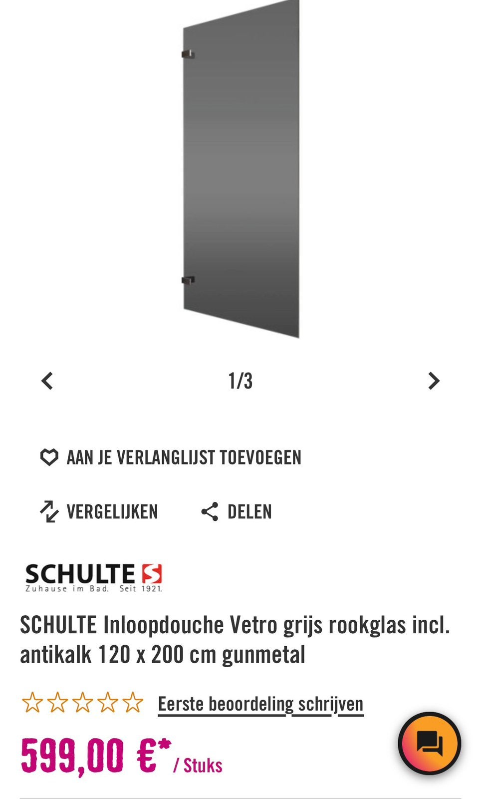 Schulte Vetro zijwand inloopdouche 1.20 breed en 2.00 hoog, Doe-het-zelf en Verbouw, Ophalen, Nieuw, Glas, Douche