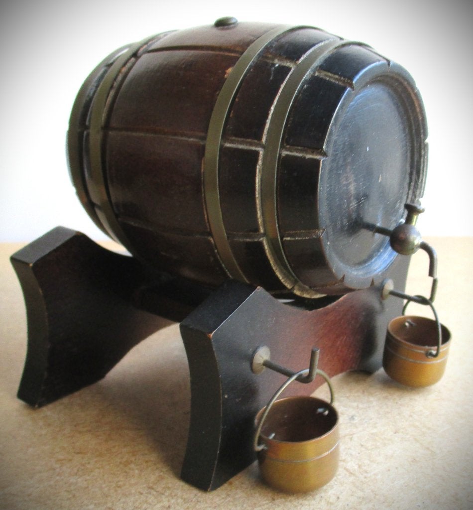 Vat~Vintage Houten Vaatje met koperen emmers~Spaarpot, Ophalen of Verzenden