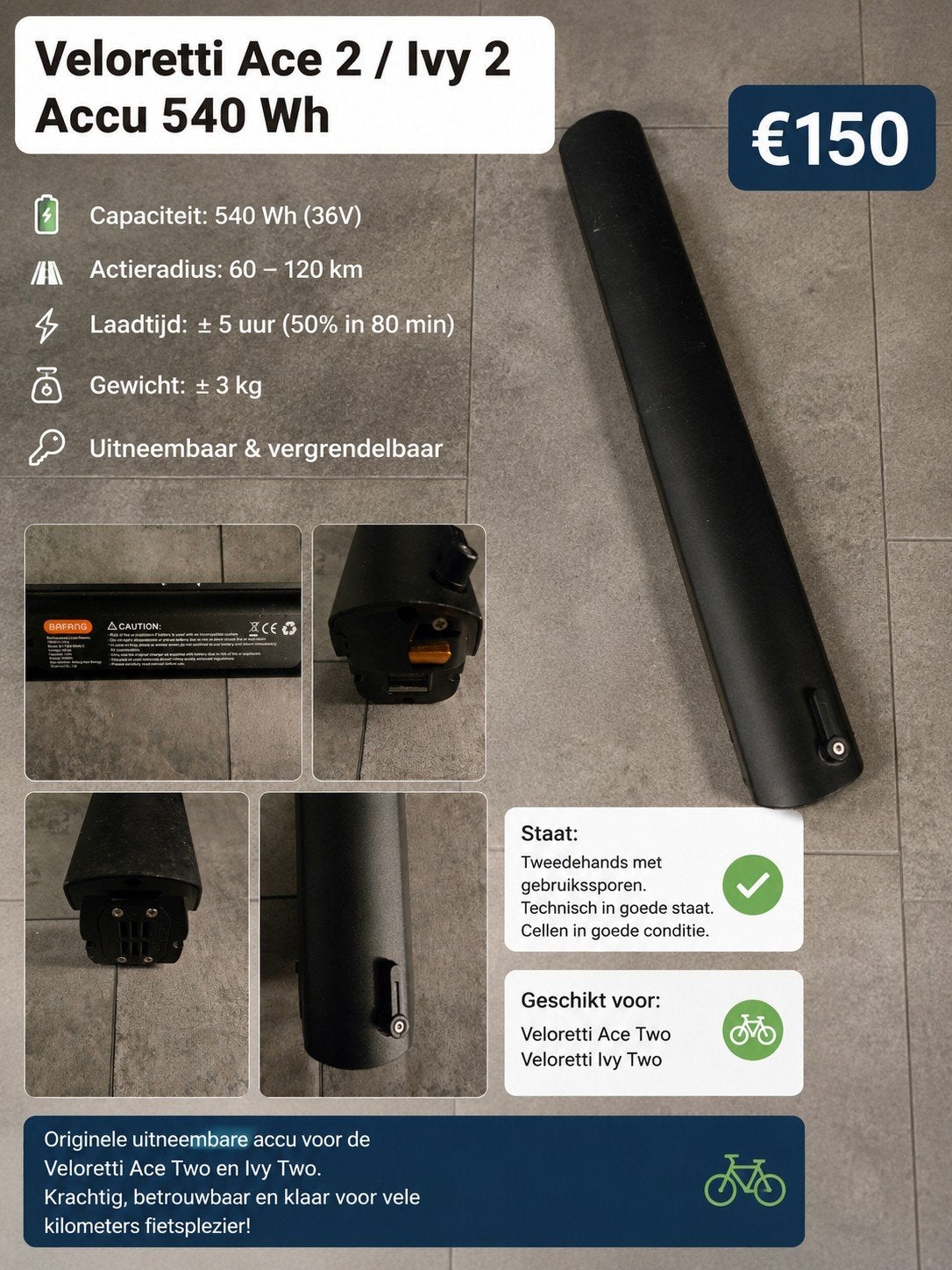 Veloretti Ace 2 / Ivy 2 Accu 540Wh – Goede staat, Ophalen of Verzenden, Gebruikt, Oplaadbaar