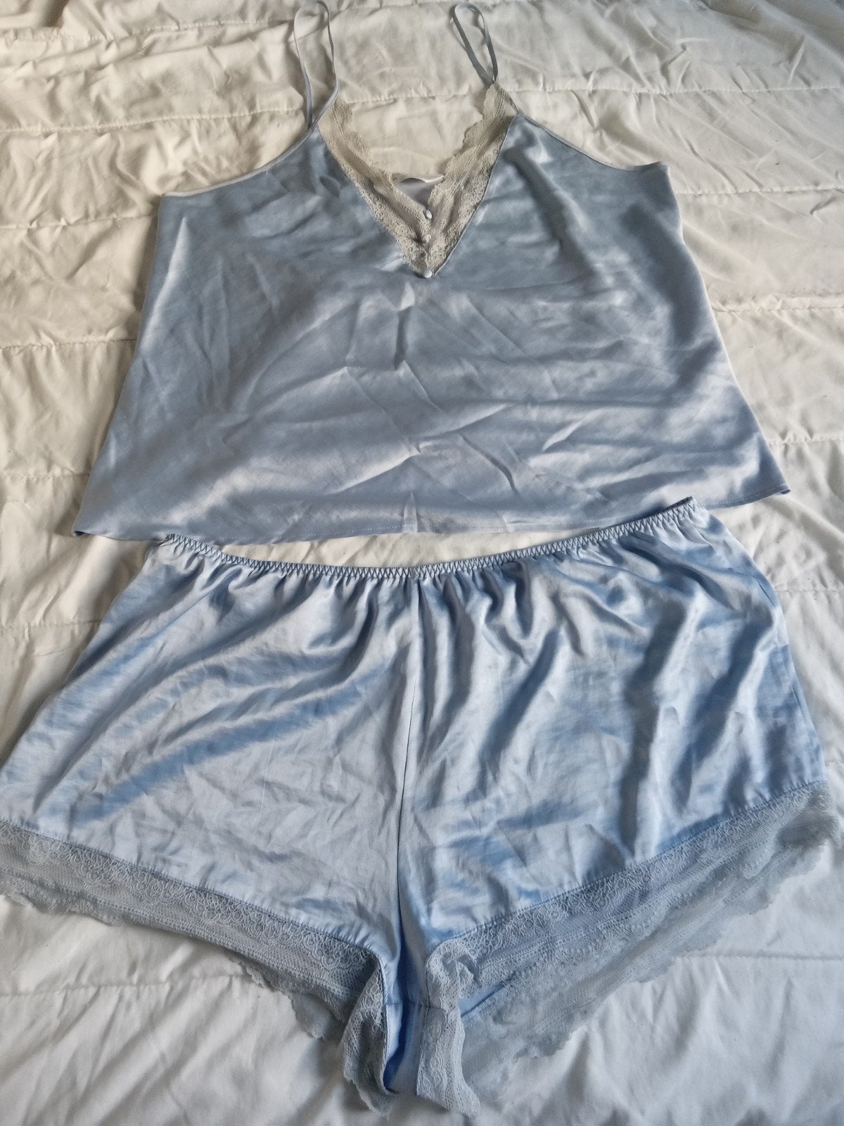 Primark cami set shortama pyjama satijn lichtblauw XL, Primark, Ophalen of Verzenden, Blauw, Nachtkleding