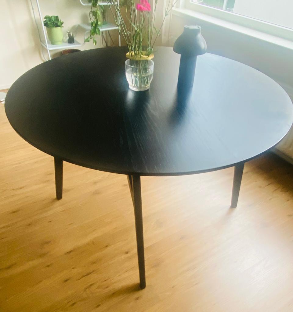 Stijlvolle Zwarte Houten Eettafel - Rond, Ophalen, Rond, Zo goed als nieuw, Vier personen