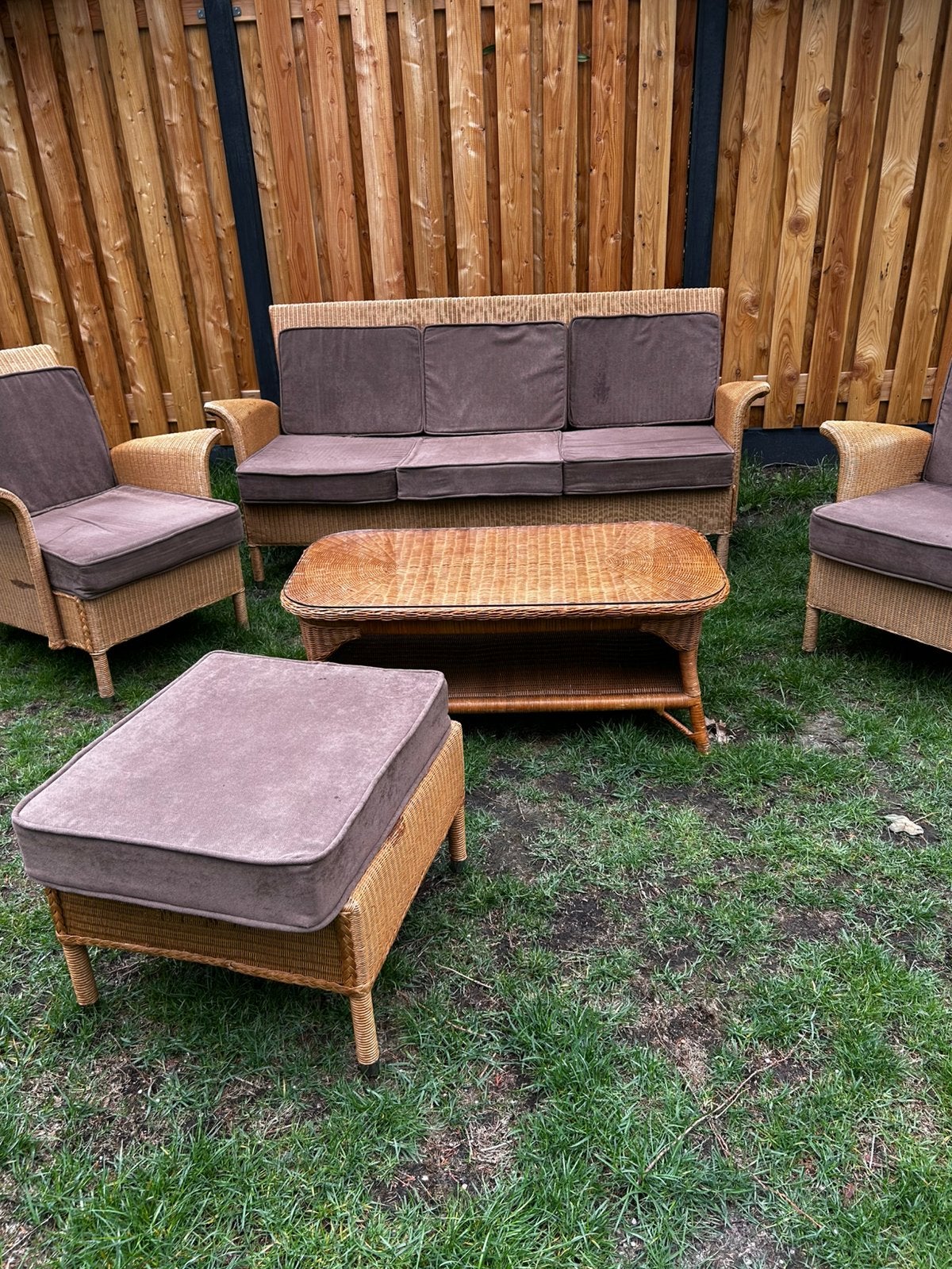Lloyd loom rotan rieten loungeset tuinset van jan des, Ophalen, 5 zitplaatsen, Gebruikt, Rotan
