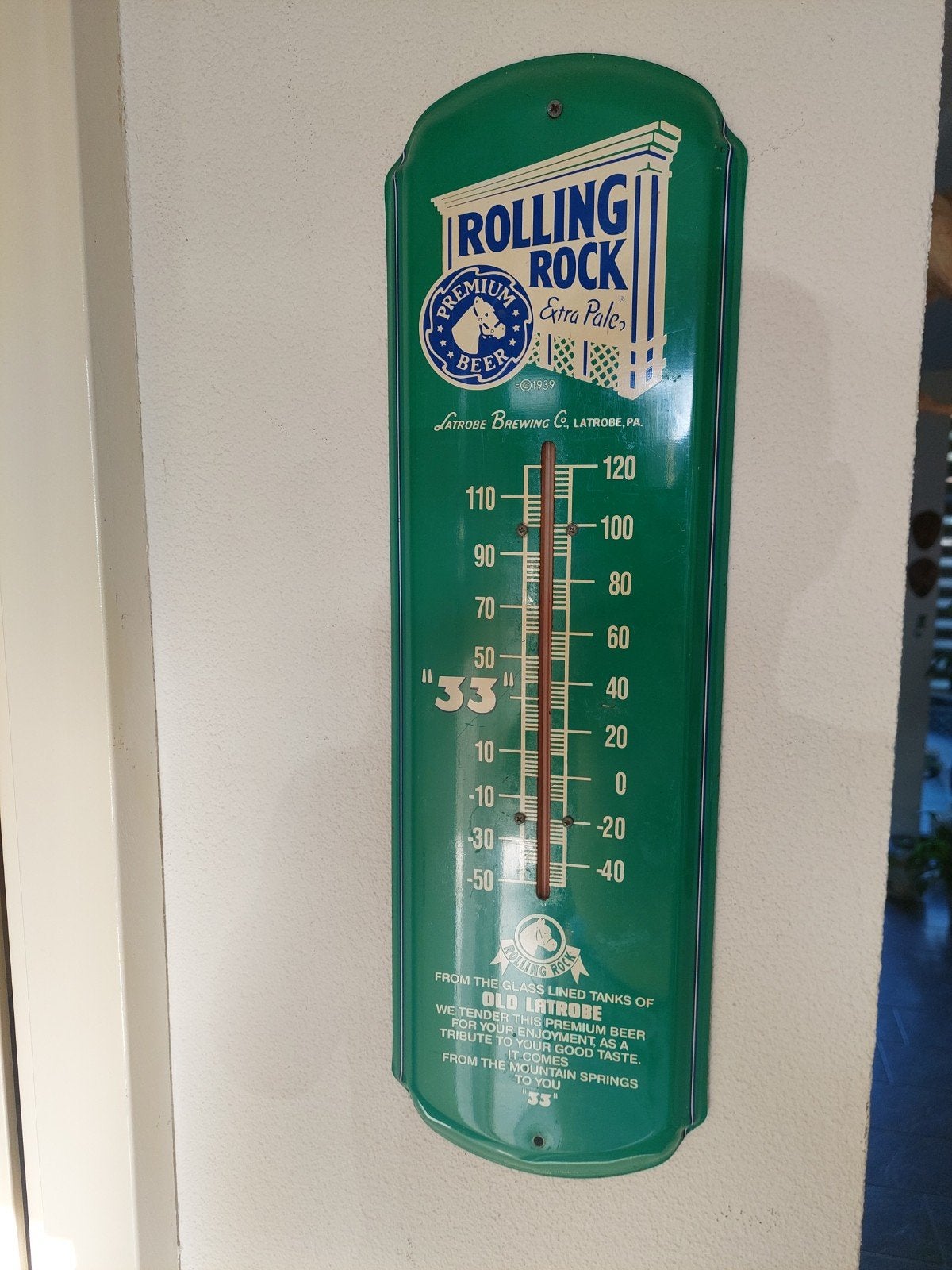 BLIKKEN ROLLING ROCK BEER THERMOMETER  INZGST., Ophalen of Verzenden, Zo goed als nieuw, Reclamebord