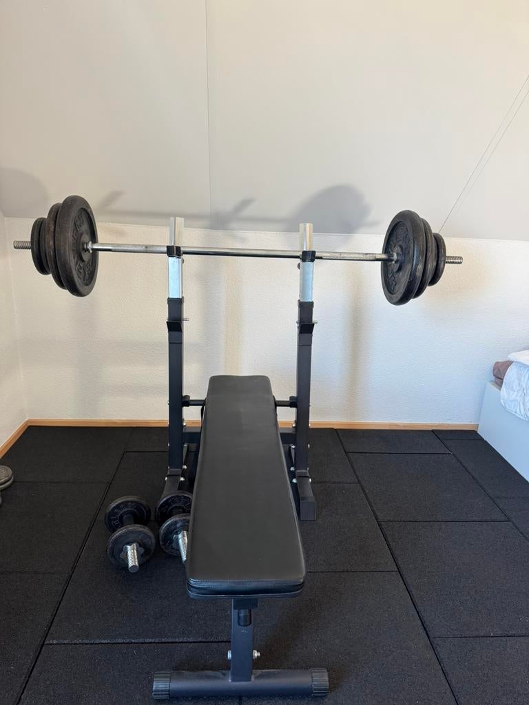 Home gym bench set met barbell en dumbells en z bar, Sport en Fitness, Fitnessmaterialen, Ophalen, Gebruikt, Halterset