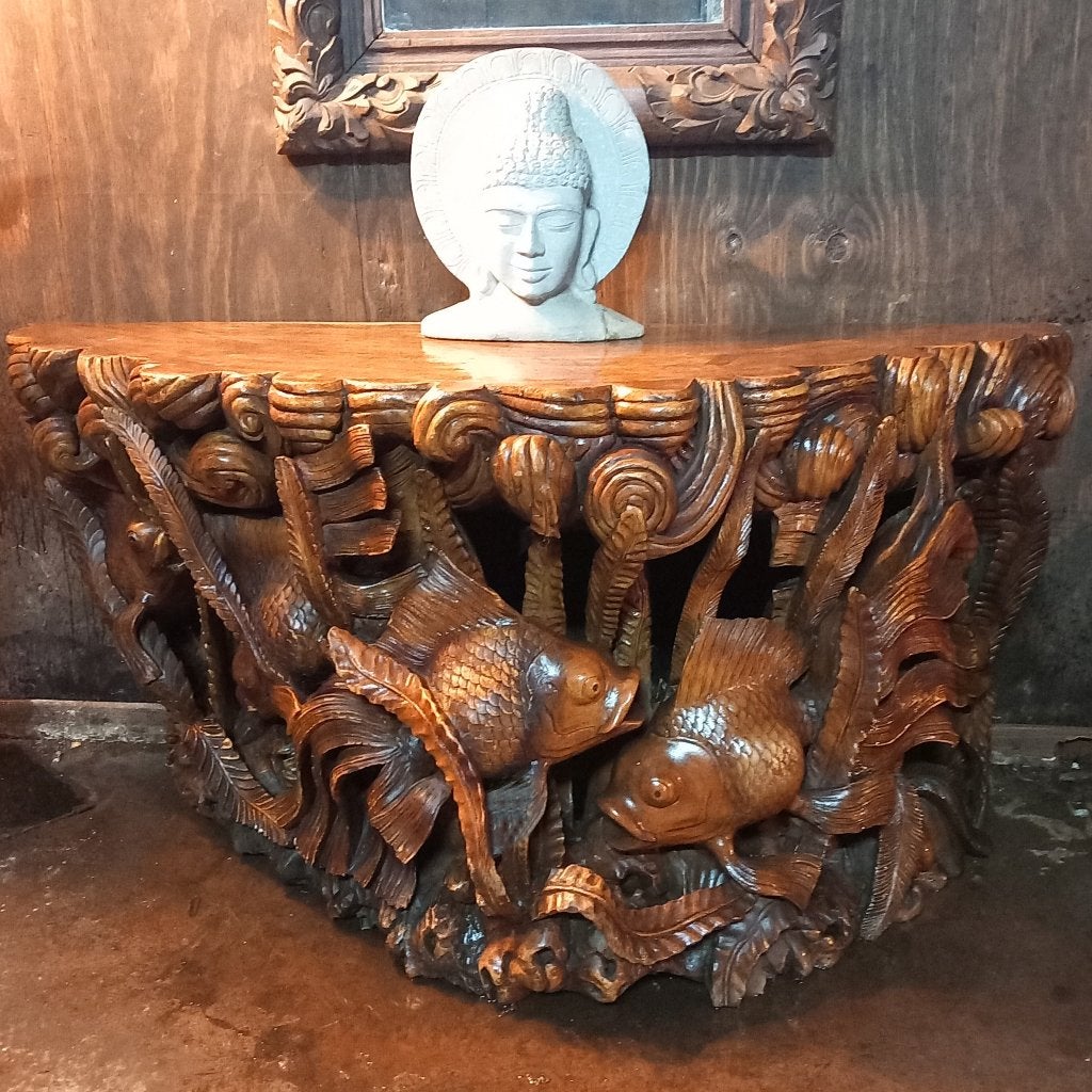 Sidetable van teak wortelhout met vissenkoppen houtsnijwerk, Ophalen, Overige onderwerpen, Houtsnijwerk, 1 meter - 2 meter