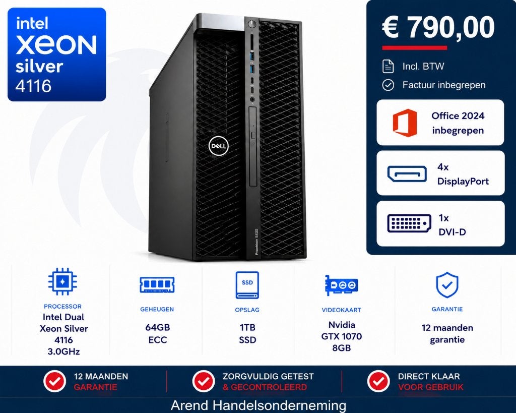 Dell precision 5280 Dual Xeon 4116 64GB ECC 1TB SSD GTX 1070, Ophalen, 64 GB of meer, Dell, .