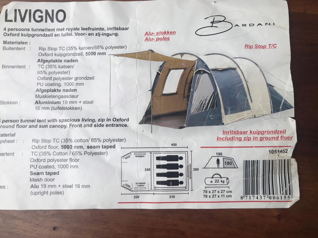 Bardani Livigno 4-persoons tunneltent met extra luifel, Ophalen of Verzenden, Gebruikt, Tot en met 4