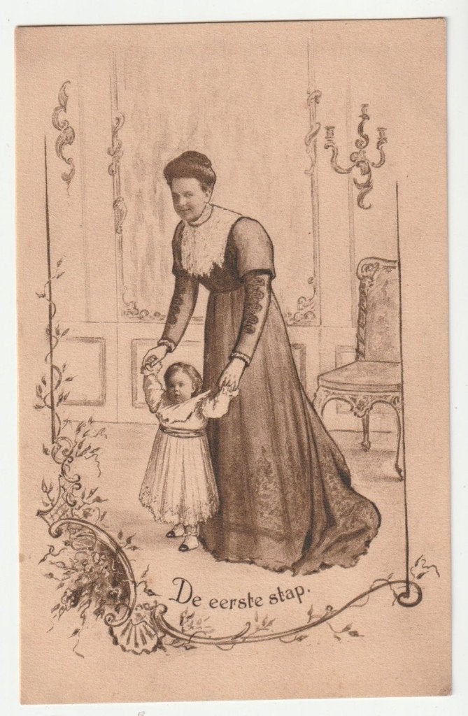 De eerste stap prinss Juliana oude ansichtkaart, Verzamelen, Koninklijk Huis en Royalty, Gebruikt, Verzenden, Kaart, Foto of Prent
