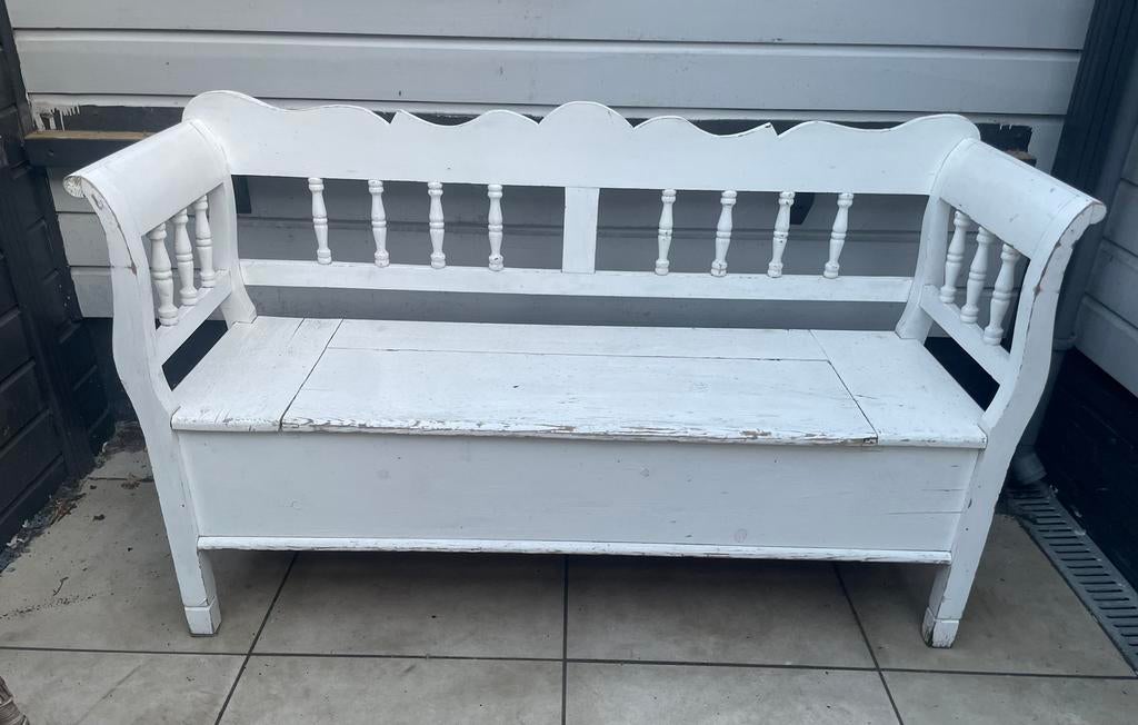 Landelijke witte klepbank voor keuken, gang of tuin., Antiek en Kunst, Ophalen