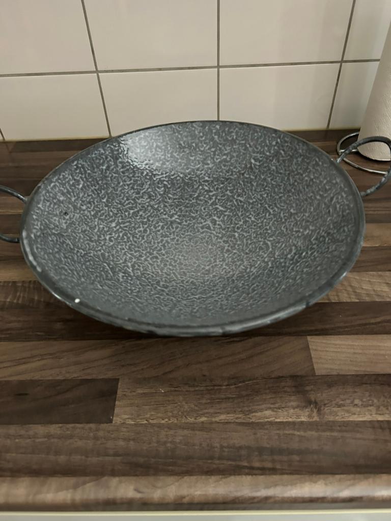 Grijs gewolkte wok 37 cm doorsnee, Ophalen, Gebruikt, Overige materialen, Wok