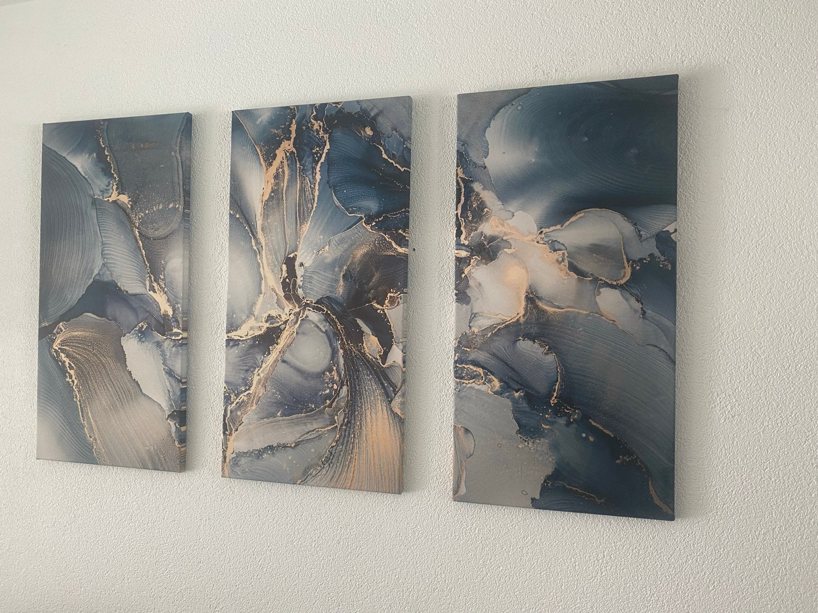 Set van 3 abstracte kunstwerken in blauw en goud, Ophalen