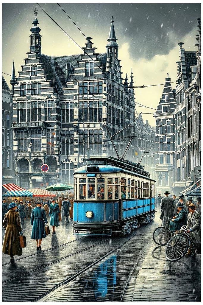 Blauwe Tram in Regen Kunst Poster affiche, Verzenden, Nieuw, Tram, Overige typen