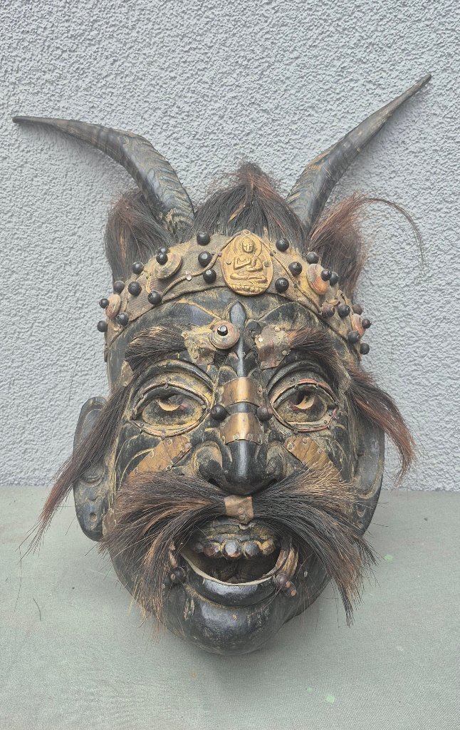 Hoogwaardig antiek Himalaya-ritueelmasker Jhakri-sjamanen, Bruin, Masker, 42 cm, Handgemaakt