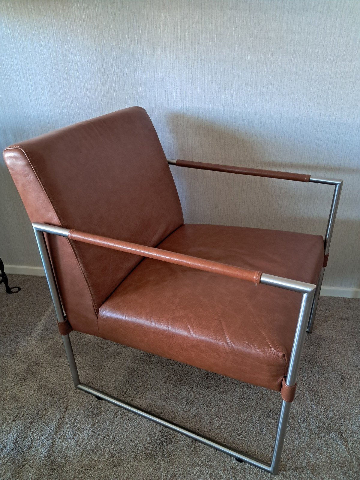 Leren fauteuil met metalen frame - Cognac, Ophalen of Verzenden, Zo goed als nieuw, Eén, Leer