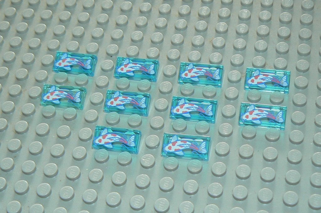 L1103 Tegels 1x2 opdruk witte Koi Carper tr. blauw 10 st., Ophalen of Verzenden, Nieuw, Losse stenen, Lego