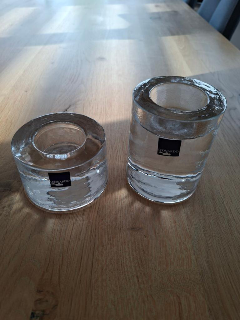 Twee waxinelichthouders glas Leonardo, Huis en Inrichting, Woonaccessoires | Kandelaars en Kaarsen, Ophalen of Verzenden, Zo goed als nieuw