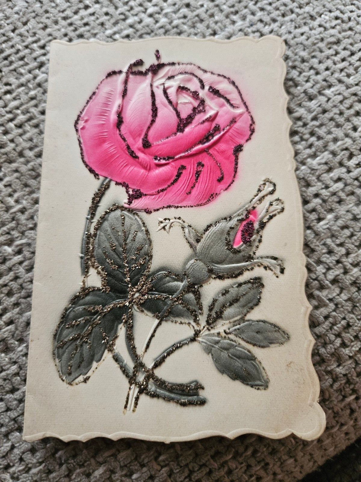 brocante dik bedrukte  roos en glitter, Ophalen of Verzenden
