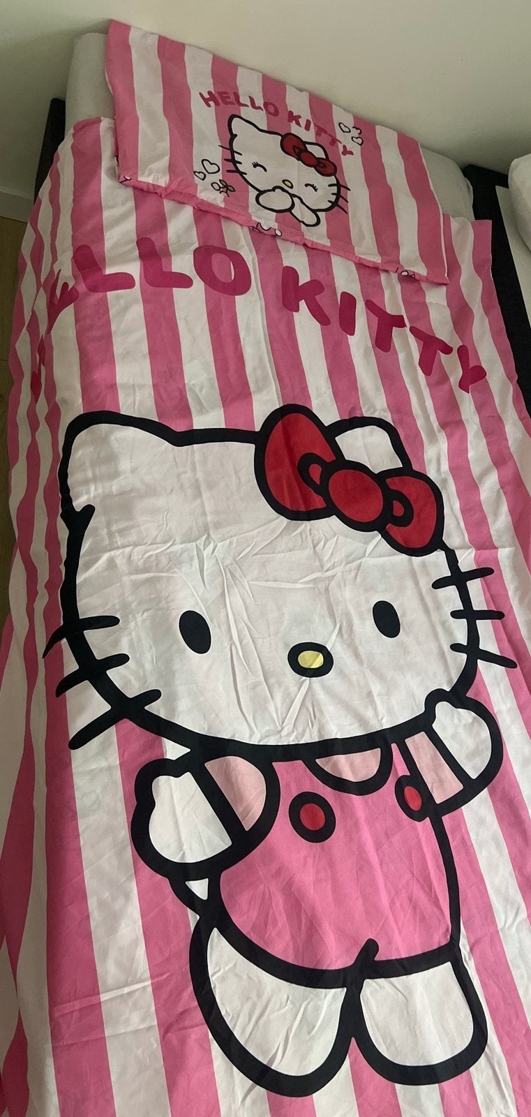 Hello Kitty Dekbedovertrek - Roze/Wit Gestreept, Gebruikt, Eenpersoons, Verzenden, Dekbedovertrek