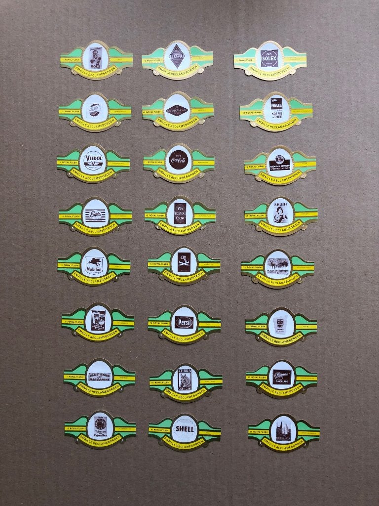 24 emaille reclameborden sigarenbandjes. In perfecte staat., Verzamelen, Merken en Reclamevoorwerpen, Ophalen of Verzenden, Gebruikt