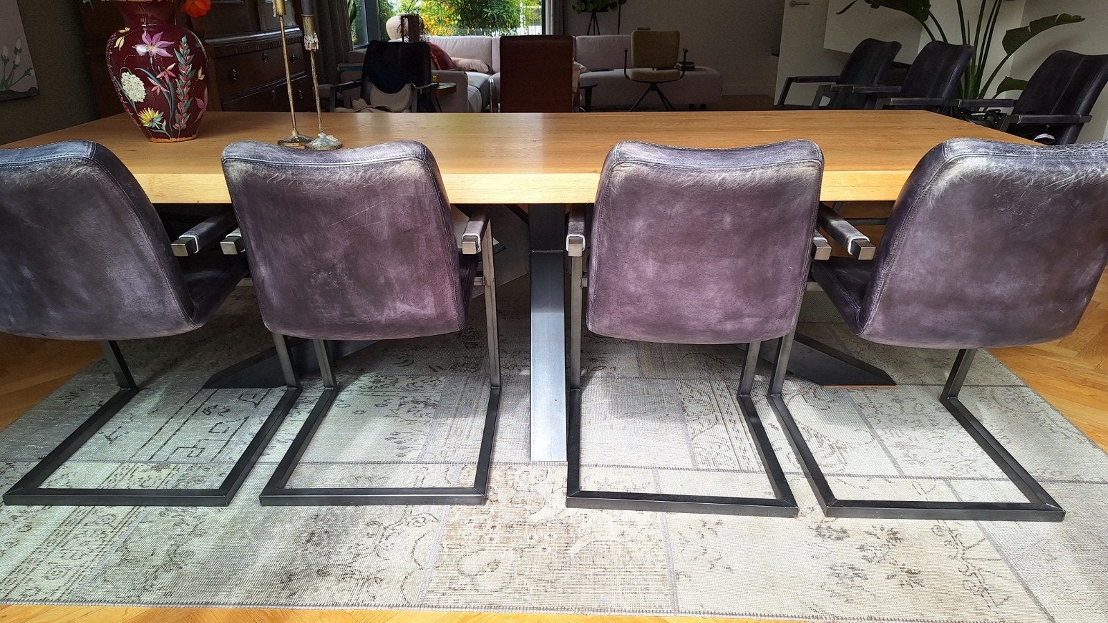 Leren eetkamerstoelen met metalen frame - 8 stuks, Ophalen, Gebruikt, Modern, Industrieel, Grijs