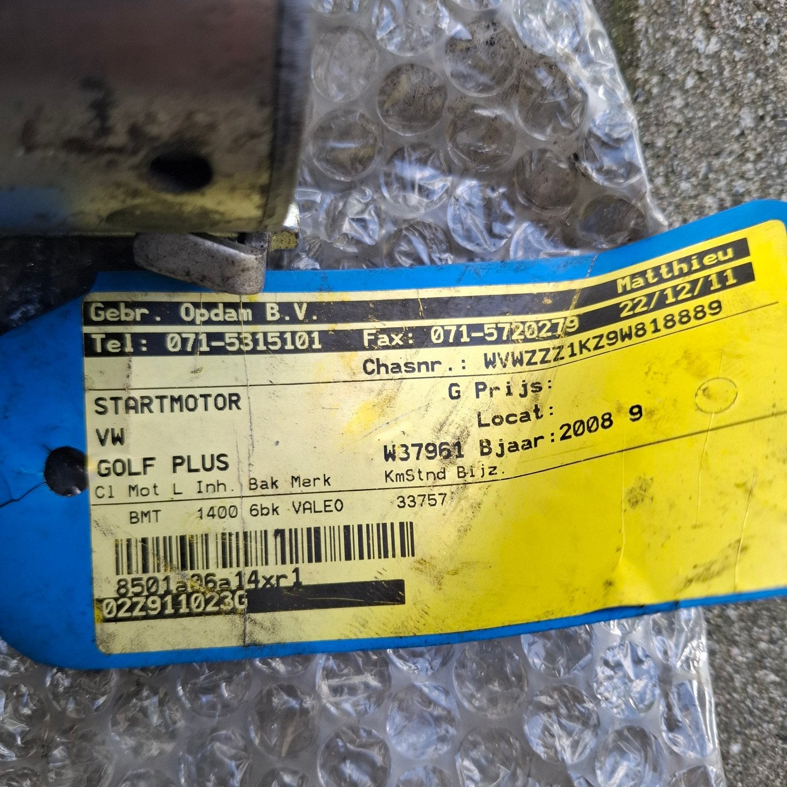 Startmotor VW Golf Plus/Touran Tsi  - Zo goed als nieuw!, Ophalen of Verzenden, Gebruikt, Volkswagen