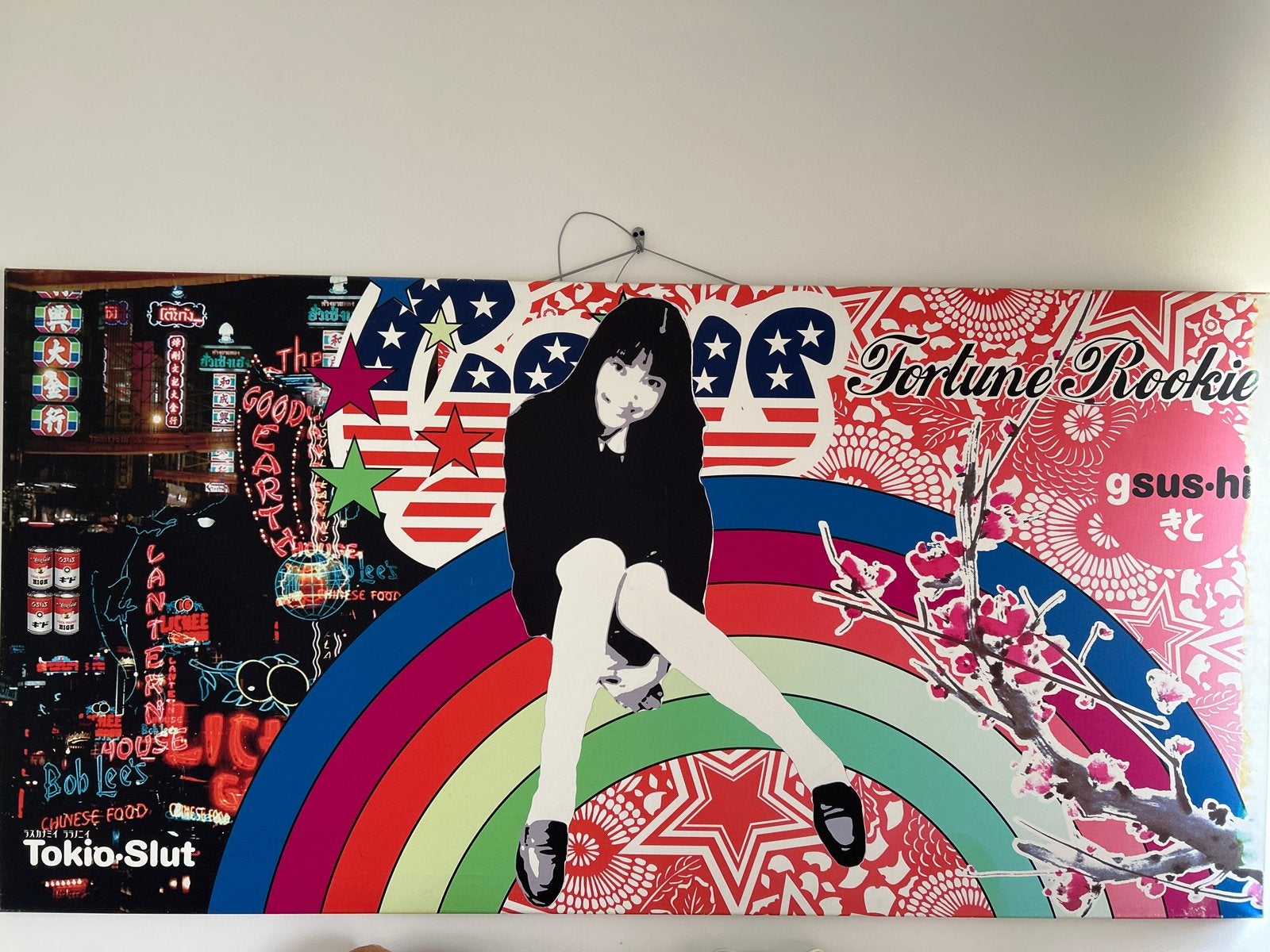 Modern Pop Art Schilderij: Vrouw, Regenboog & Japanse Invloe, Ophalen of Verzenden, Overige materialen, Print, Figuren