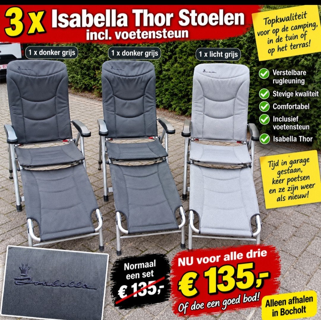 3x Isabella Thor Campingstoelen incl. voetensteun, Ophalen, Gebruikt, Campingstoel