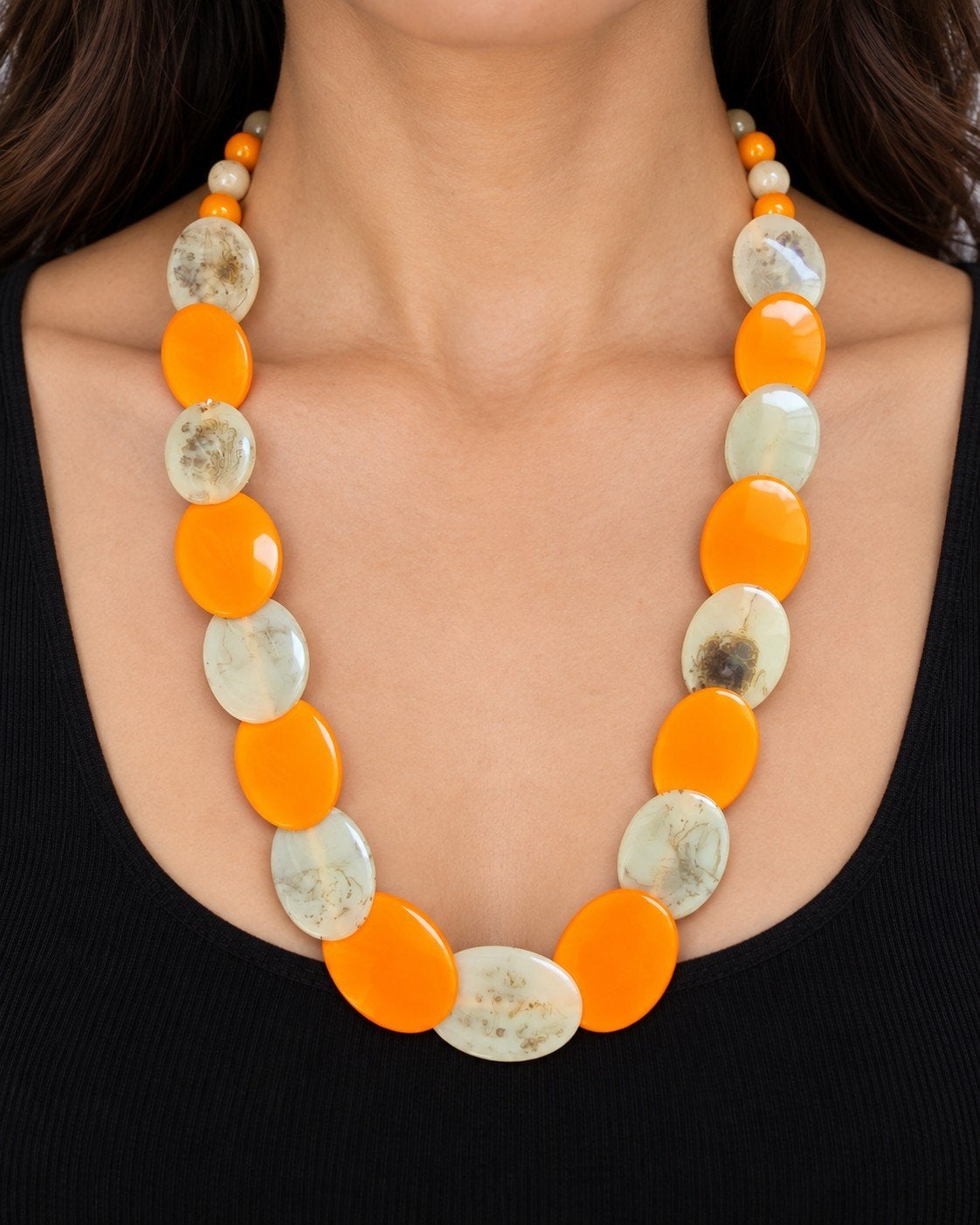 Nieuwe statement ketting oranje/crème | Boho uit India, Ophalen of Verzenden, Nieuw, Overige materialen