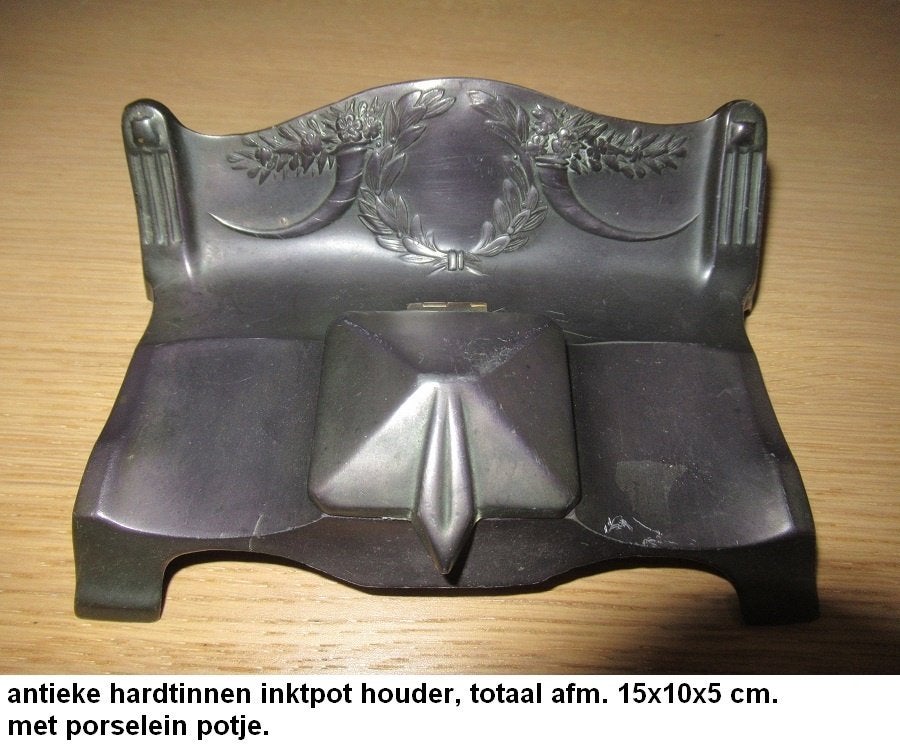 antieke hardtinnen inktpot houder met porselein potje, Antiek en Kunst, Ophalen of Verzenden
