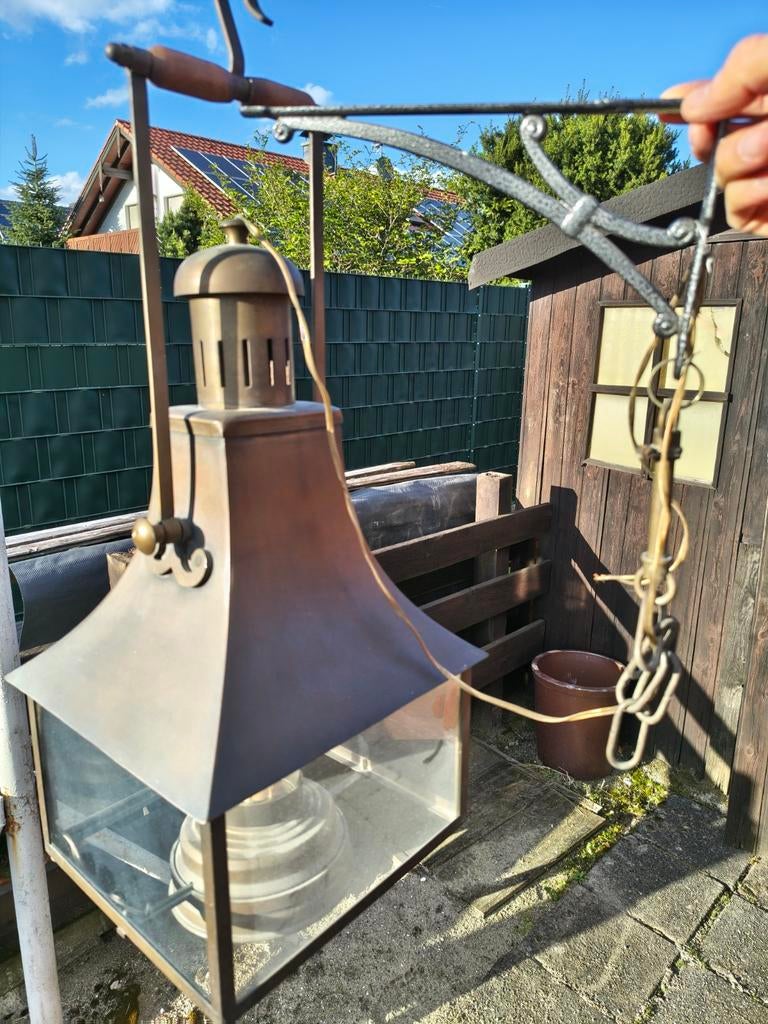 Antieke koperen buitenlamp met ophangsysteem, Antiek en Kunst, Ophalen of Verzenden