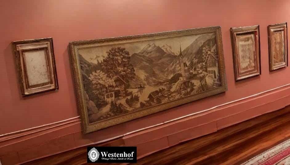 Zeer groot, oud geborduurd schilderij van stad antiek, Antiek en Kunst, Kunst | Schilderijen | Klassiek, Ophalen