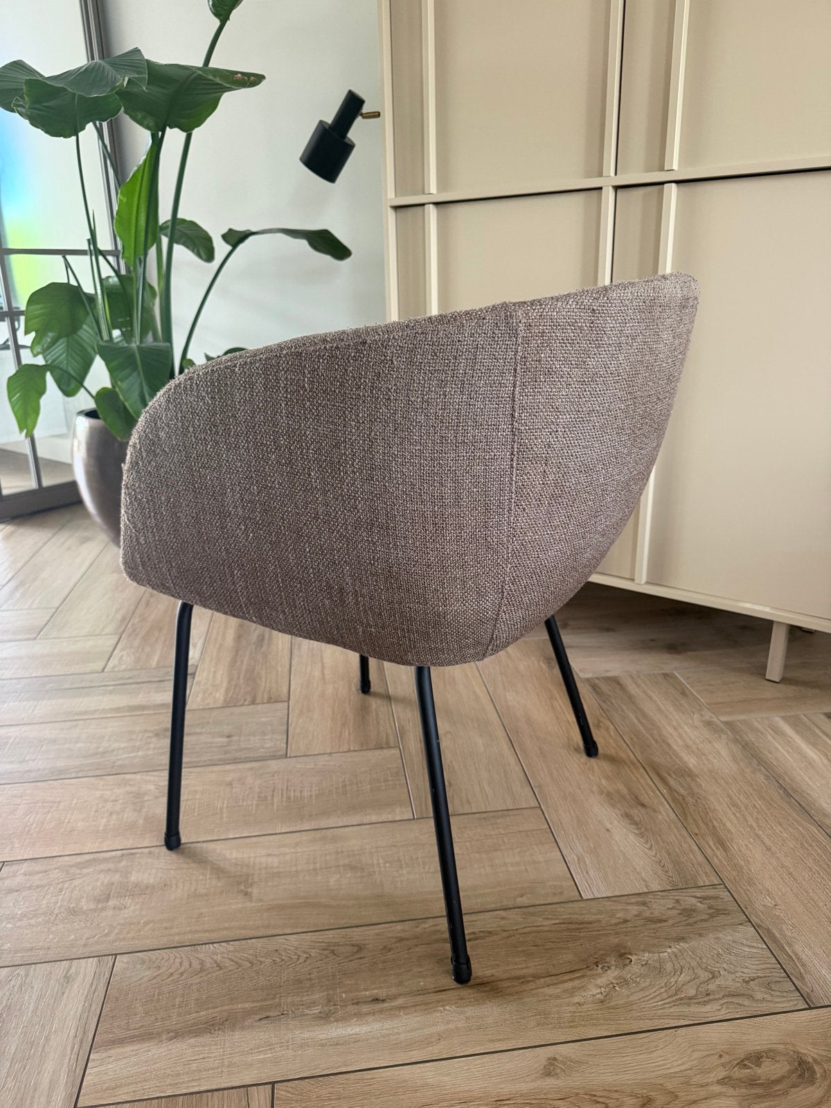 6x Woood Noelle stoelen taupe bouclé stof Karwei, Ophalen, Gebruikt, Overige kleuren, Stof