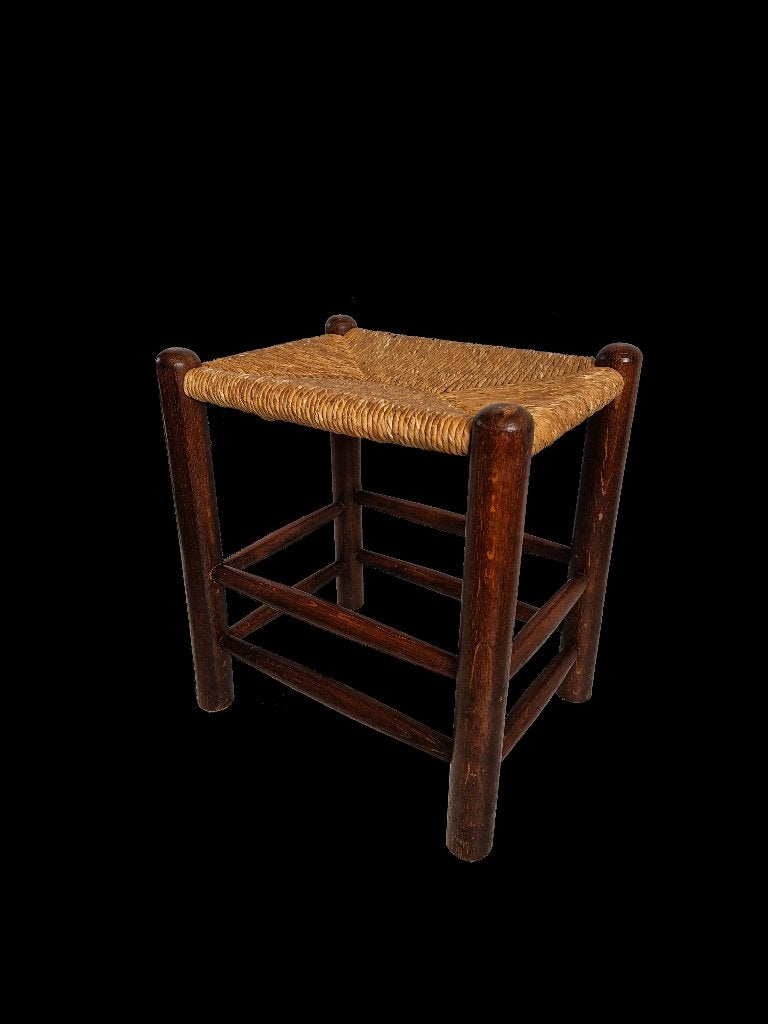 Schitterende vintage rush Perriand design kruk stool, Huis en Inrichting, Ophalen of Verzenden, Gebruikt, Hout
