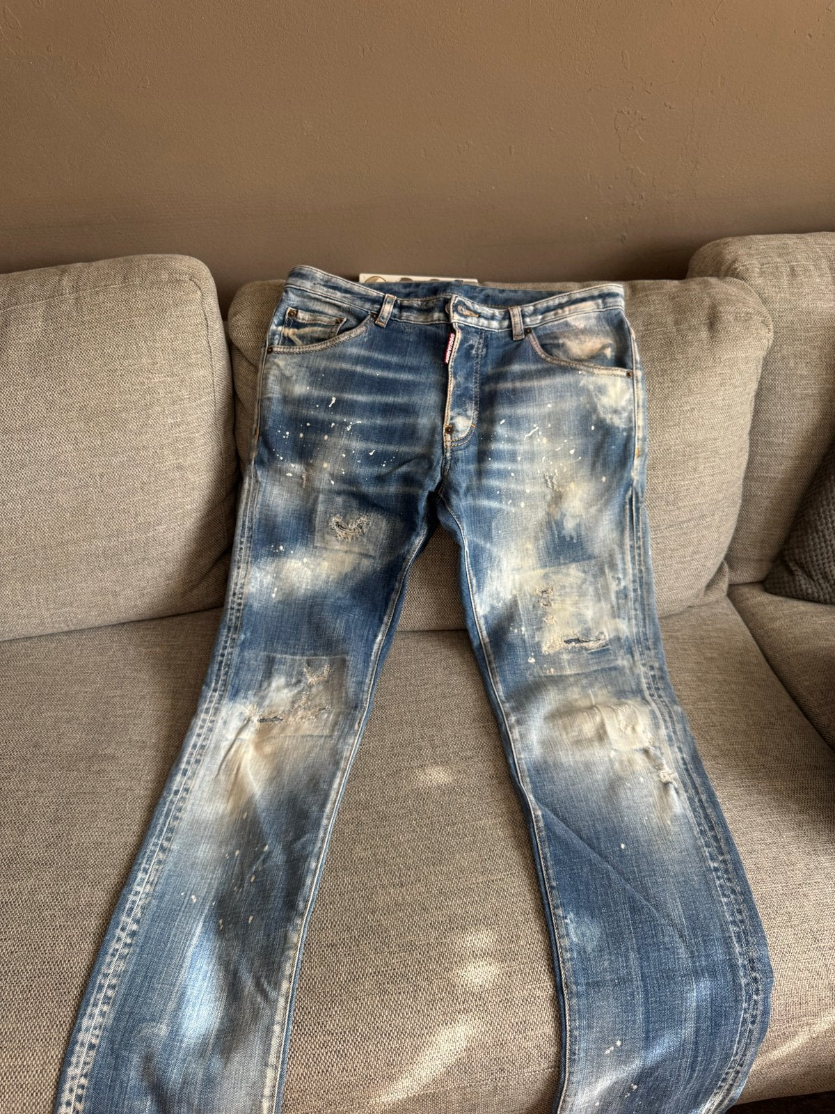 Dsquared2 Jeans origineel - Blauw met verfspatten, Ophalen of Verzenden, Gedragen, Blauw, Overige jeansmaten