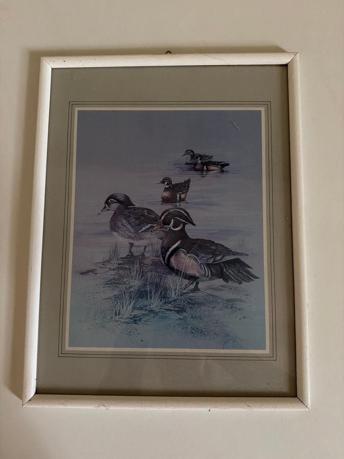 Ingelijst Schilderij Eenden in Water - Vintage Wanddecoratie, Gebruikt, Schilderij, Hout, Ophalen of Verzenden