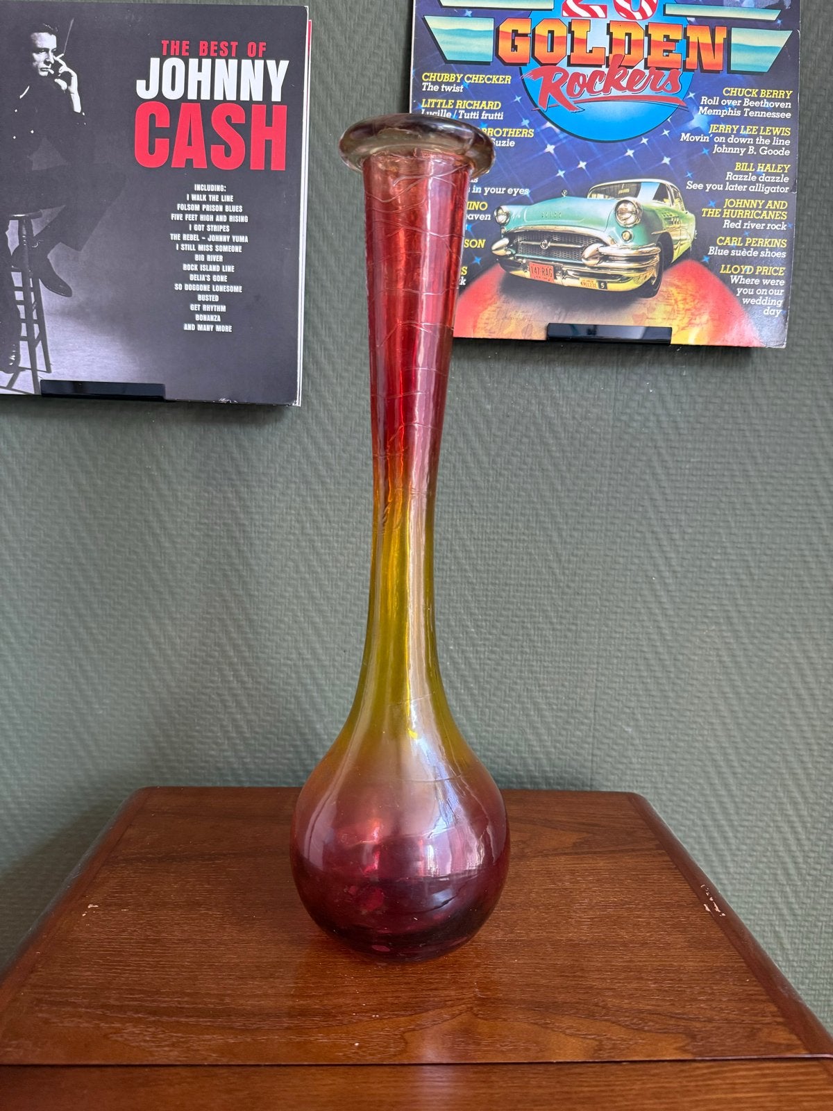 Vintage Spaanse Glazen Vaas - Rood/Geel Ombre, Antiek en Kunst, Ophalen of Verzenden