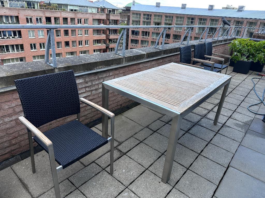 Terrastafel met 4 stoelen te koop., Tuin en Terras, Tuintafels, Gebruikt, Rechthoekig, Hout, Ophalen