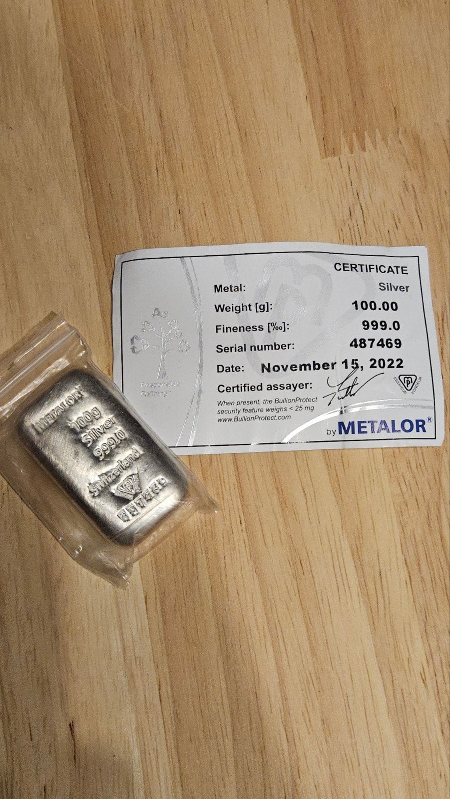100 gram metalor met certificaat, Ophalen of Verzenden, Zilver