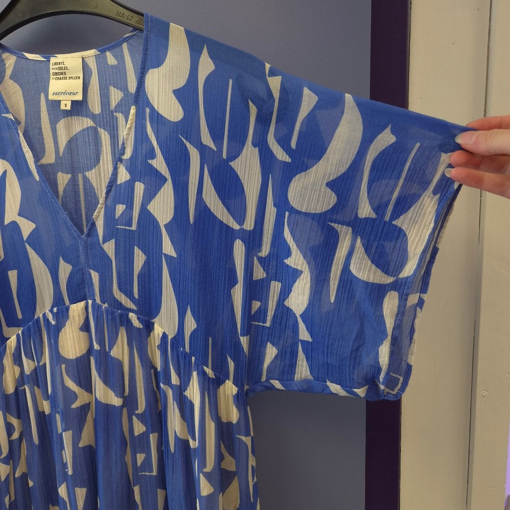 Sacrécoeur midi jurk blauw/crème | Maat S-M | Gevoerd |51894, Blauw, Onbekend, Ophalen of Verzenden, Zo goed als nieuw